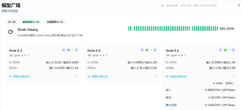 模型广场中某分组的倍率标签,以及该分组下各模型已含倍率的输入输出单价